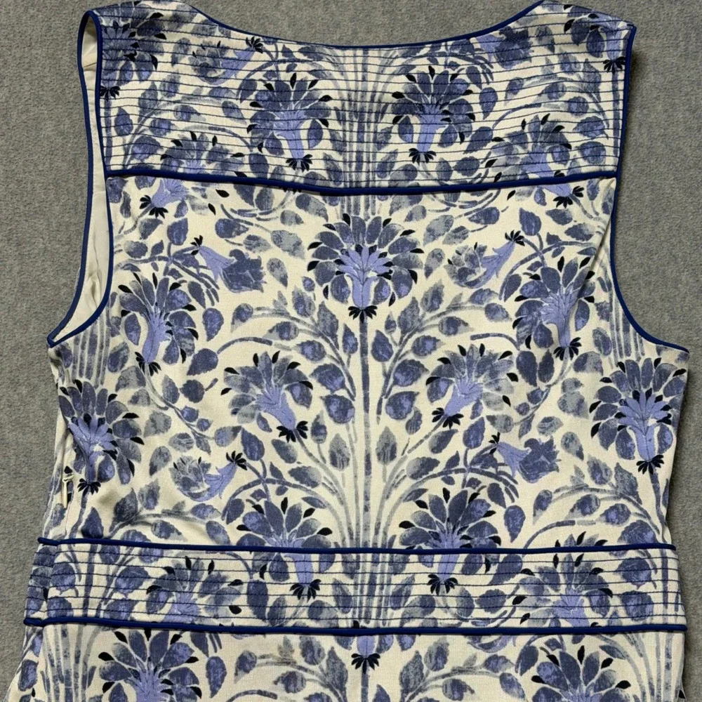 Tory Burch Blue White Floral Silk Sleeveless V-Neck Empire Waist Dress Size M
